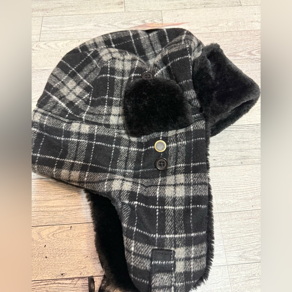 Plaid Black and Gray Trapper Hat